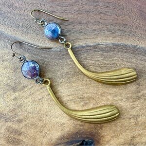 Long Vintage Metal Earrings, Labradorite Bezel Earrings